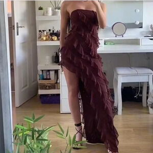 Oh Polly Viral Nevali Ruffle Maxi bodycon Dress in Brown
